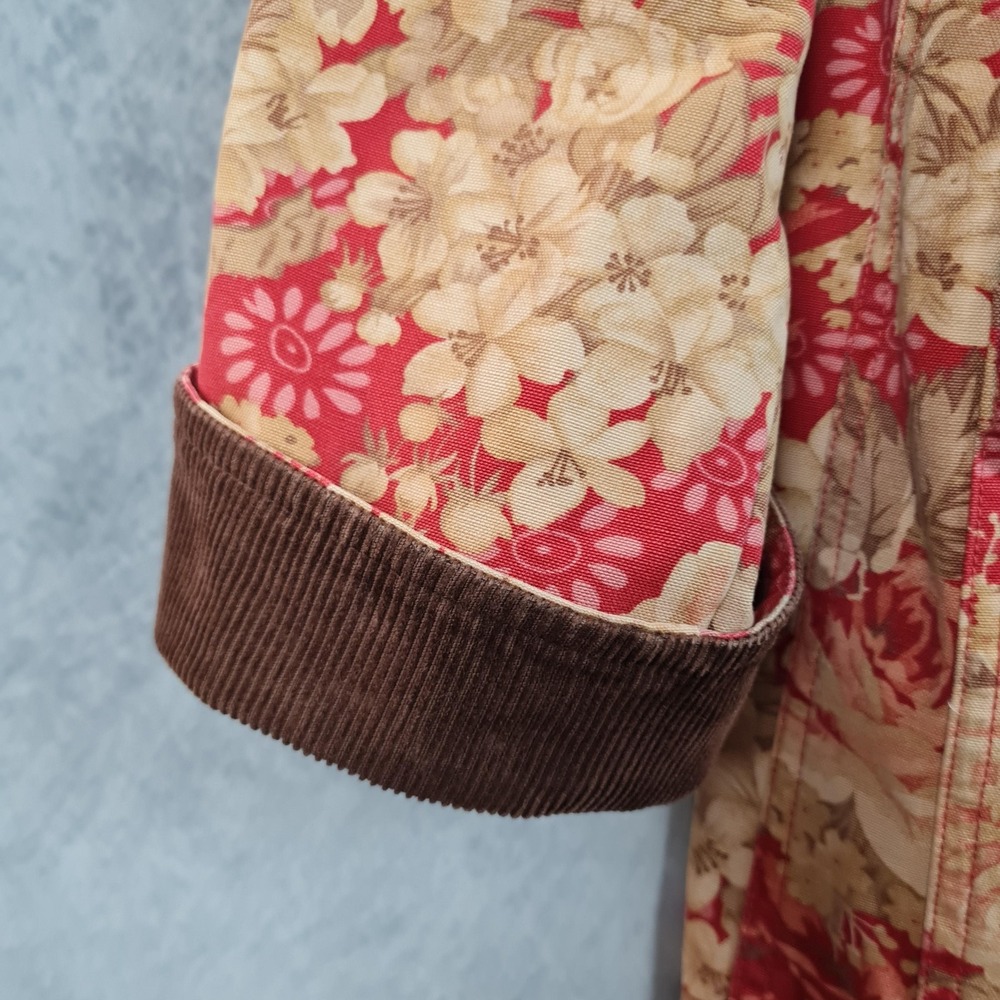 LL Bean Jacket Womens Medium Red Floral Canvas Corduroy Collar Lined Barn Coat - Picture 3 of 16